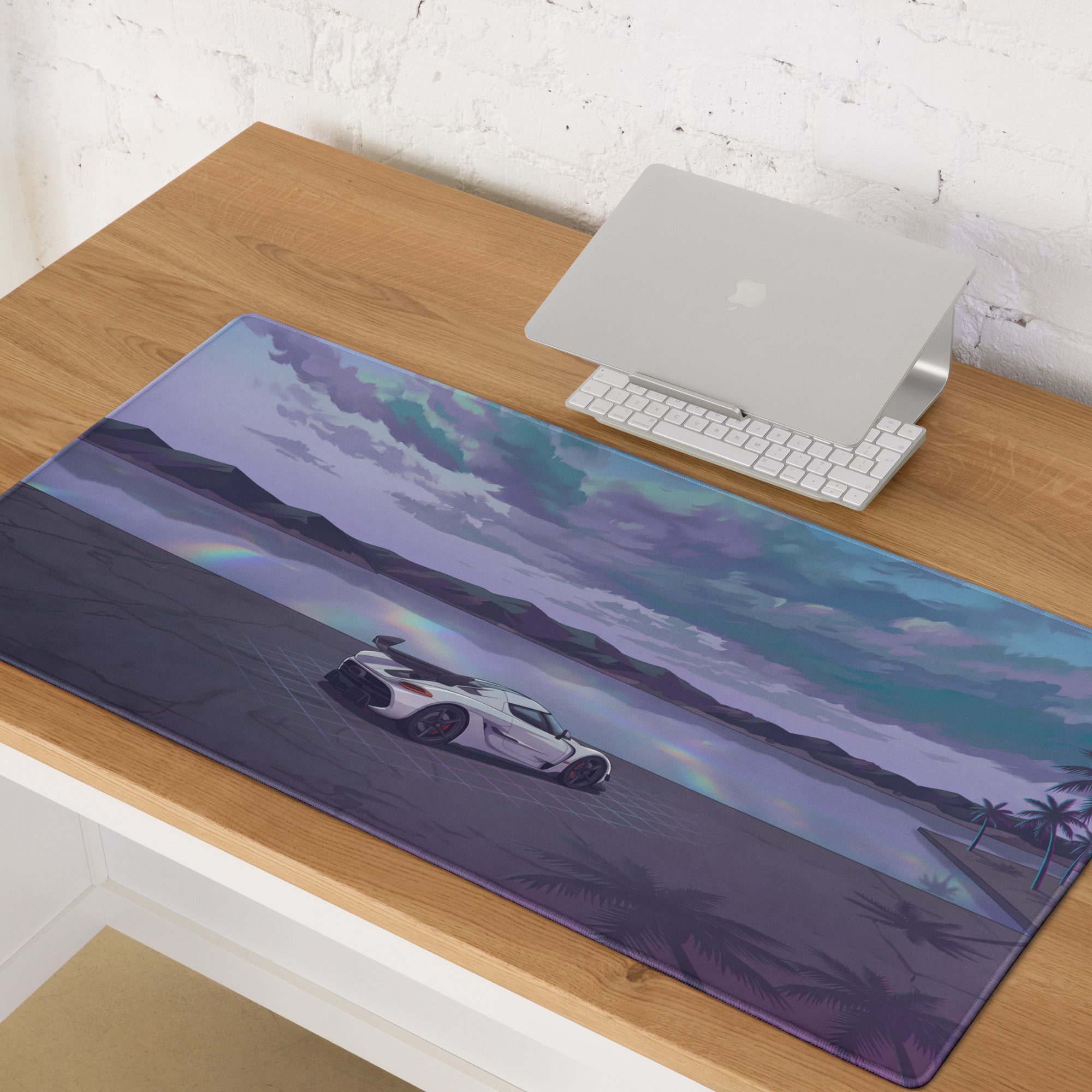 Koenigsegg Jesko Attack Inspired White Purple Vaporwave Gaming Mouse Pad – Dreamy Lakeside Palm Tree Desk Mat, Retro Futuristic Hypercar Digital Art