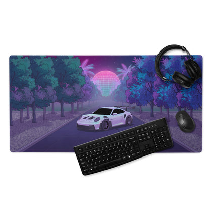 Porsche 911 GT3 RS Inspired White Purple Vaporwave Gaming Mouse Pad – Neon Forest Road Desk Mat, Retro Futuristic Supercar Digital Artwork