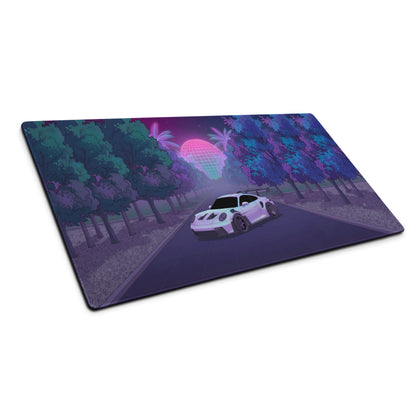 Porsche 911 GT3 RS Inspired White Purple Vaporwave Gaming Mouse Pad – Neon Forest Road Desk Mat, Retro Futuristic Supercar Digital Artwork