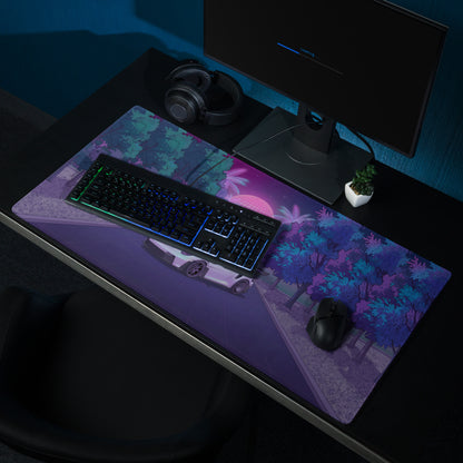Porsche 911 GT3 RS Inspired White Purple Vaporwave Gaming Mouse Pad – Neon Forest Road Desk Mat, Retro Futuristic Supercar Digital Artwork