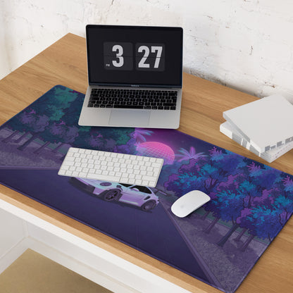 Porsche 911 GT3 RS Inspired White Purple Vaporwave Gaming Mouse Pad – Neon Forest Road Desk Mat, Retro Futuristic Supercar Digital Artwork