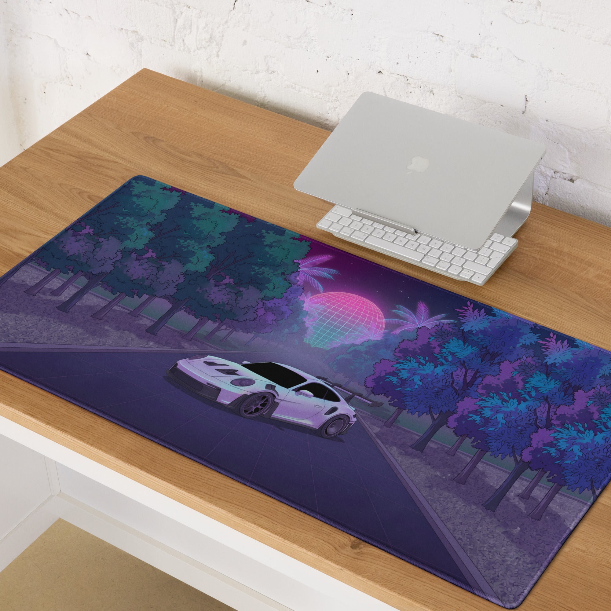 Porsche 911 GT3 RS Inspired White Purple Vaporwave Gaming Mouse Pad – Neon Forest Road Desk Mat, Retro Futuristic Supercar Digital Artwork