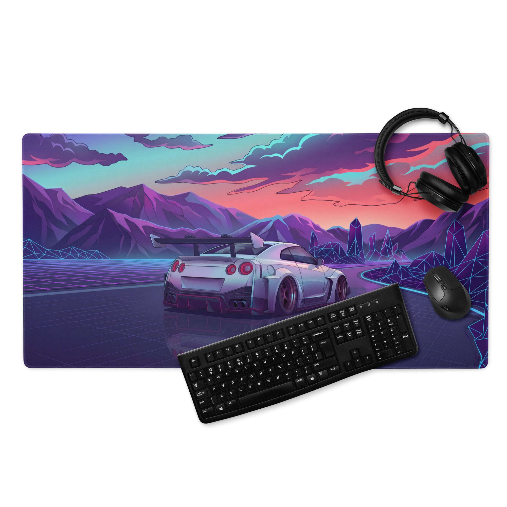 Nissan GT-R R35 Inspired Silver Purple Vaporwave Gaming Mouse Pad – Neon Mountain Highway Desk Mat, Retro Futuristic JDM Supercar Digital Artwork