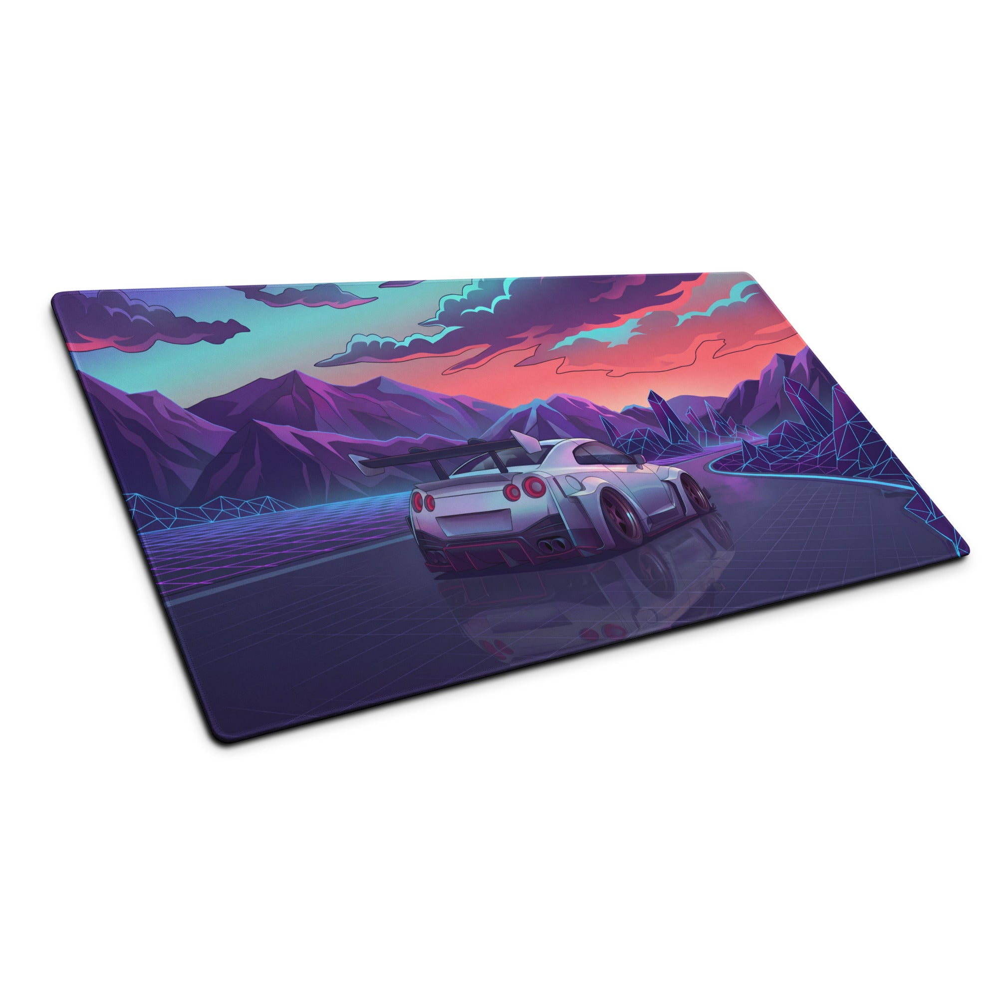 Nissan GT-R R35 Inspired Silver Purple Vaporwave Gaming Mouse Pad – Neon Mountain Highway Desk Mat, Retro Futuristic JDM Supercar Digital Artwork