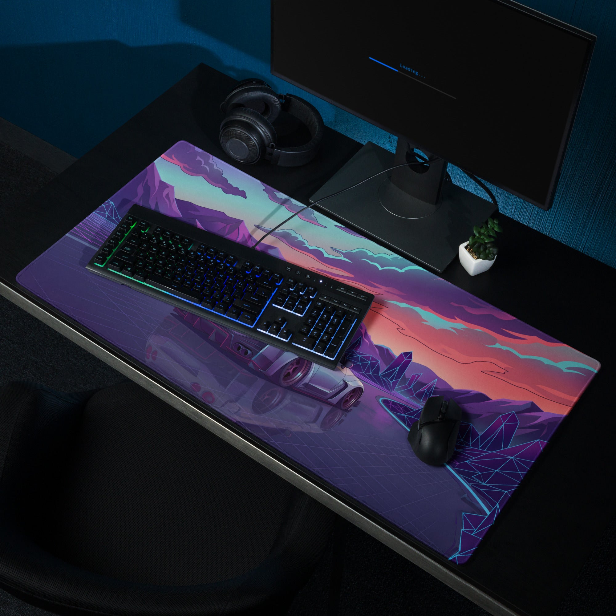 Nissan GT-R R35 Inspired Silver Purple Vaporwave Gaming Mouse Pad – Neon Mountain Highway Desk Mat, Retro Futuristic JDM Supercar Digital Artwork