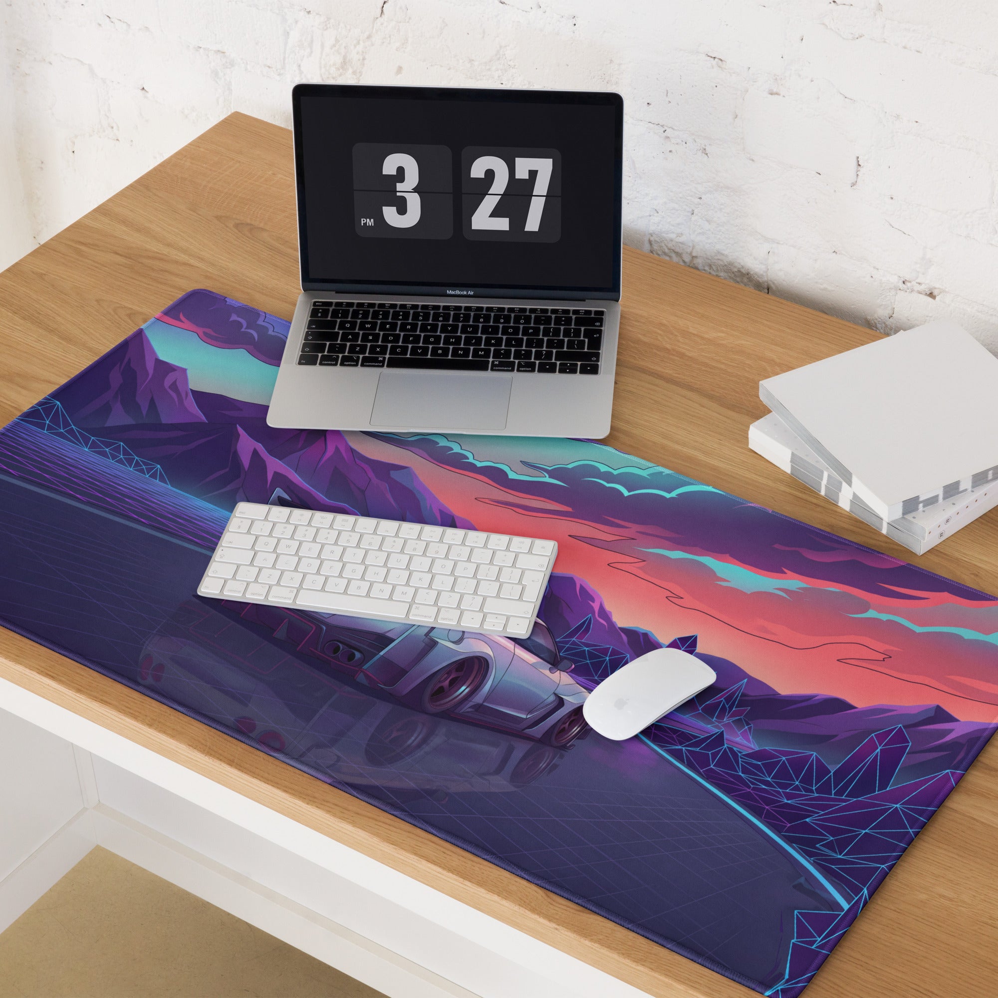 Nissan GT-R R35 Inspired Silver Purple Vaporwave Gaming Mouse Pad – Neon Mountain Highway Desk Mat, Retro Futuristic JDM Supercar Digital Artwork
