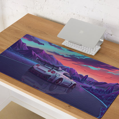 Nissan GT-R R35 Inspired Silver Purple Vaporwave Gaming Mouse Pad – Neon Mountain Highway Desk Mat, Retro Futuristic JDM Supercar Digital Artwork