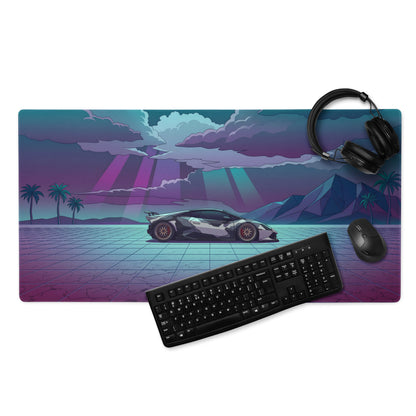 Lamborghini Huracán STO Inspired Black White Vaporwave Gaming Mouse Pad – Neon Desert Grid Desk Mat, Retro Futuristic Supercar Digital Artwork