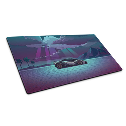 Lamborghini Huracán STO Inspired Black White Vaporwave Gaming Mouse Pad – Neon Desert Grid Desk Mat, Retro Futuristic Supercar Digital Artwork