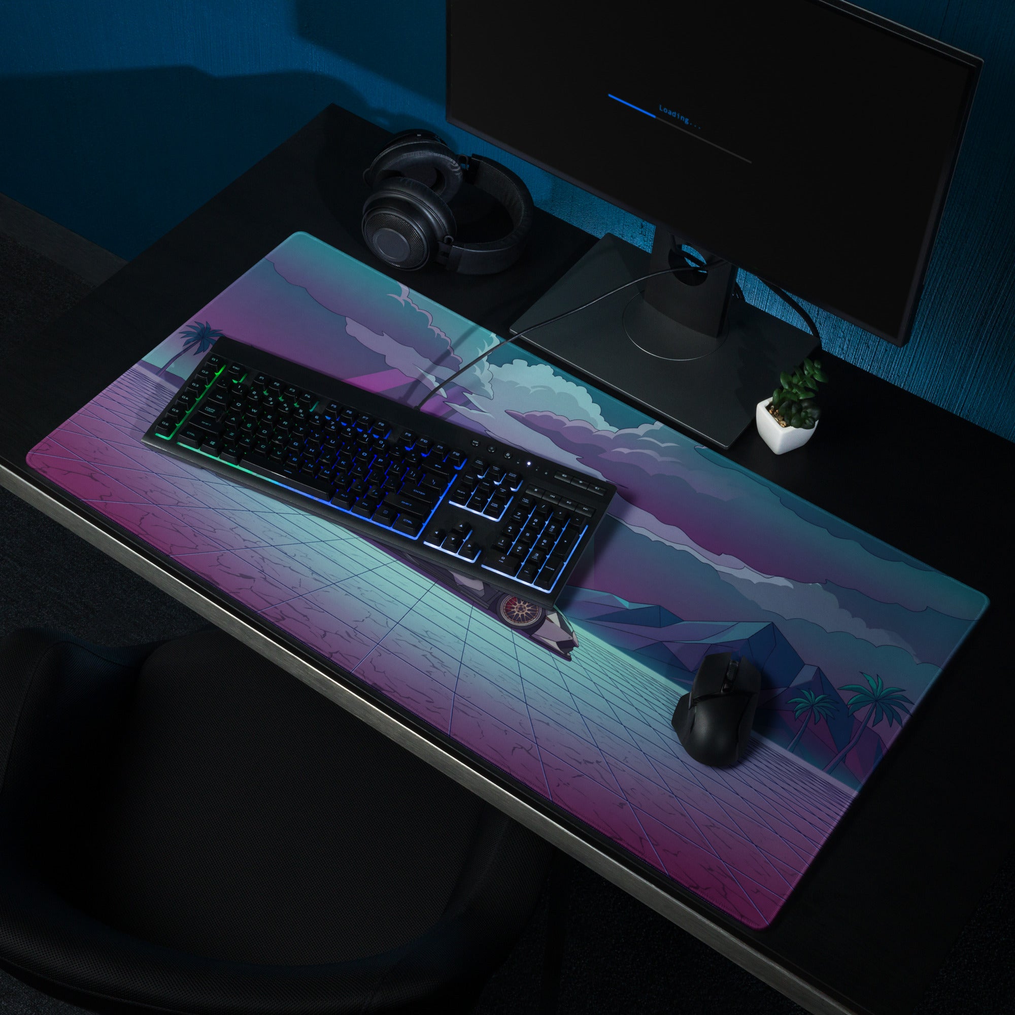 Lamborghini Huracán STO Inspired Black White Vaporwave Gaming Mouse Pad – Neon Desert Grid Desk Mat, Retro Futuristic Supercar Digital Artwork