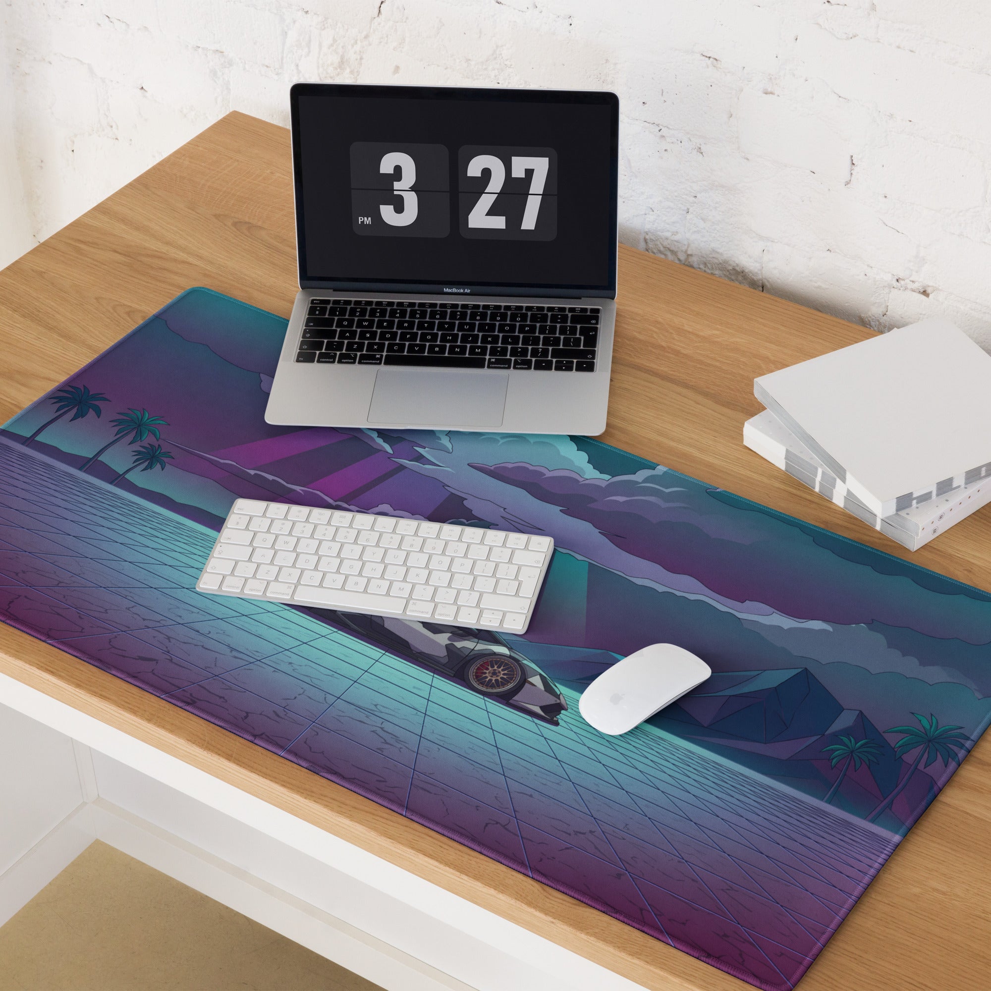 Lamborghini Huracán STO Inspired Black White Vaporwave Gaming Mouse Pad – Neon Desert Grid Desk Mat, Retro Futuristic Supercar Digital Artwork