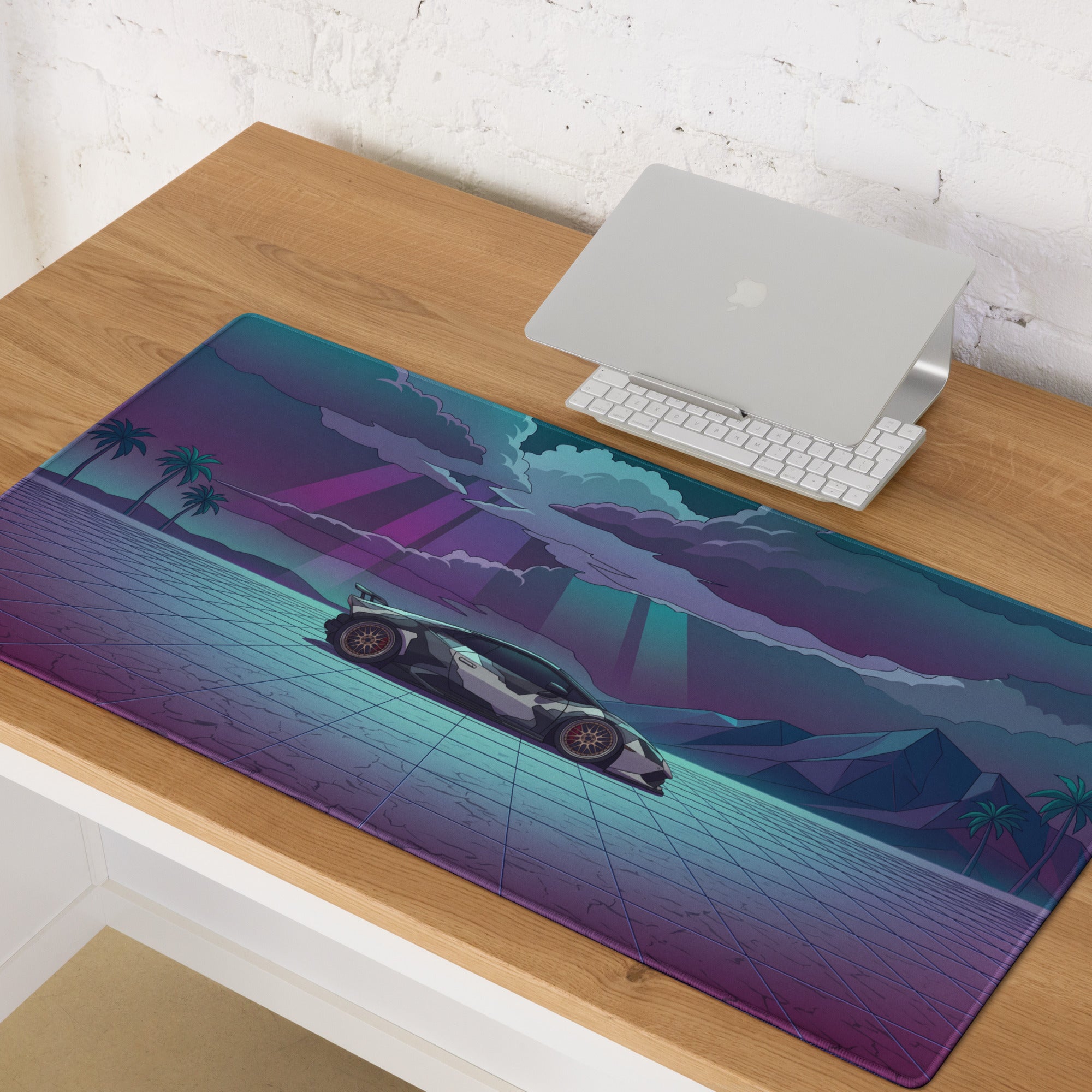 Lamborghini Huracán STO Inspired Black White Vaporwave Gaming Mouse Pad – Neon Desert Grid Desk Mat, Retro Futuristic Supercar Digital Artwork