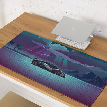 Lamborghini Huracán STO Inspired Black White Vaporwave Gaming Mouse Pad – Neon Desert Grid Desk Mat, Retro Futuristic Supercar Digital Artwork