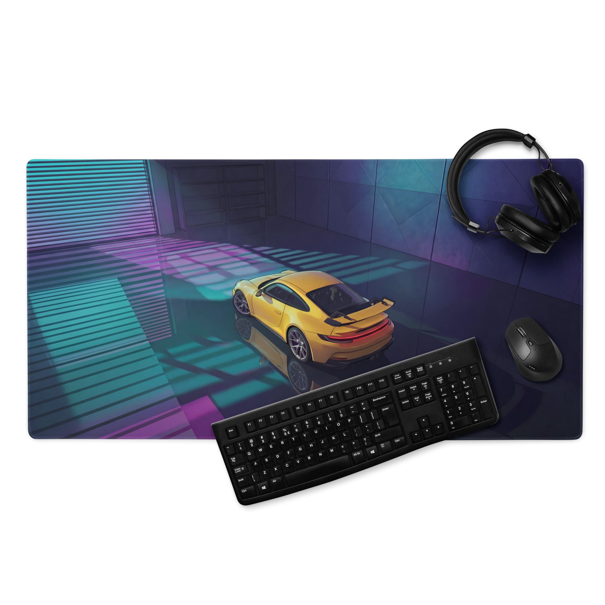 Porsche 911 GT3 Inspired Yellow Teal Vaporwave Gaming Mouse Pad – Neon Garage Desk Mat, Moody Retro Futuristic Supercar Digital Artwork
