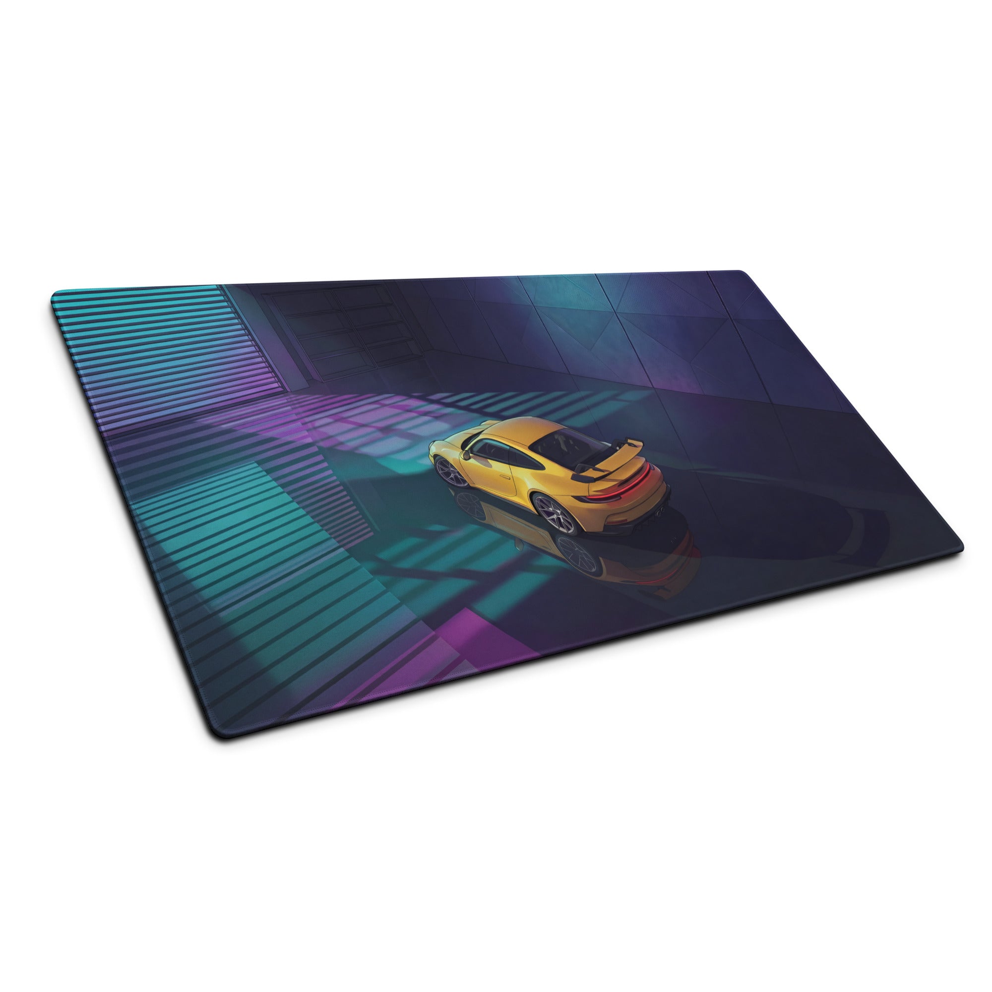 Porsche 911 GT3 Inspired Yellow Teal Vaporwave Gaming Mouse Pad – Neon Garage Desk Mat, Moody Retro Futuristic Supercar Digital Artwork
