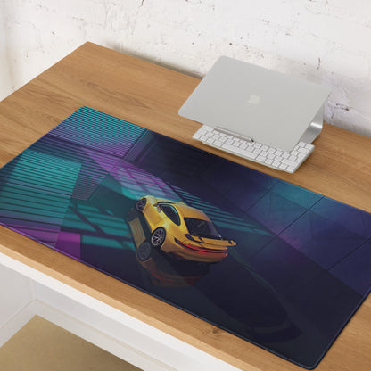 Porsche 911 GT3 Inspired Yellow Teal Vaporwave Gaming Mouse Pad – Neon Garage Desk Mat, Moody Retro Futuristic Supercar Digital Artwork
