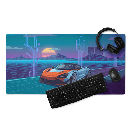 McLaren 720S Inspired Widebody Orange Blue Vaporwave Gaming Mouse Pad – Neon Cyber Grid Desk Mat, Retro Futuristic Supercar Digital Artwork