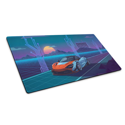 McLaren 720S Inspired Widebody Orange Blue Vaporwave Gaming Mouse Pad – Neon Cyber Grid Desk Mat, Retro Futuristic Supercar Digital Artwork