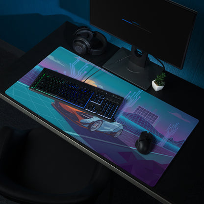 McLaren 720S Inspired Widebody Orange Blue Vaporwave Gaming Mouse Pad – Neon Cyber Grid Desk Mat, Retro Futuristic Supercar Digital Artwork