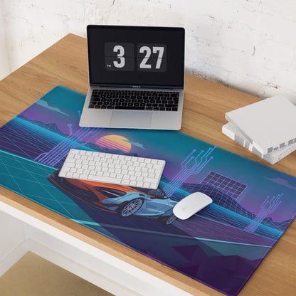 McLaren 720S Inspired Widebody Orange Blue Vaporwave Gaming Mouse Pad – Neon Cyber Grid Desk Mat, Retro Futuristic Supercar Digital Artwork