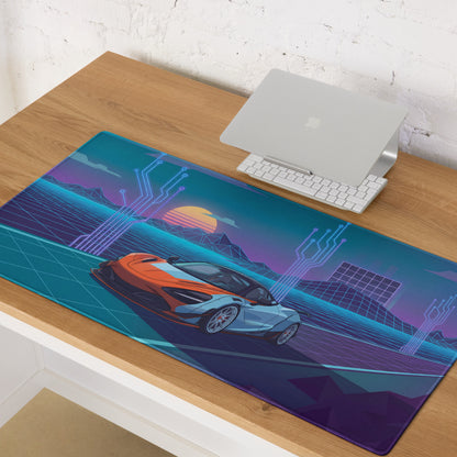 McLaren 720S Inspired Widebody Orange Blue Vaporwave Gaming Mouse Pad – Neon Cyber Grid Desk Mat, Retro Futuristic Supercar Digital Artwork