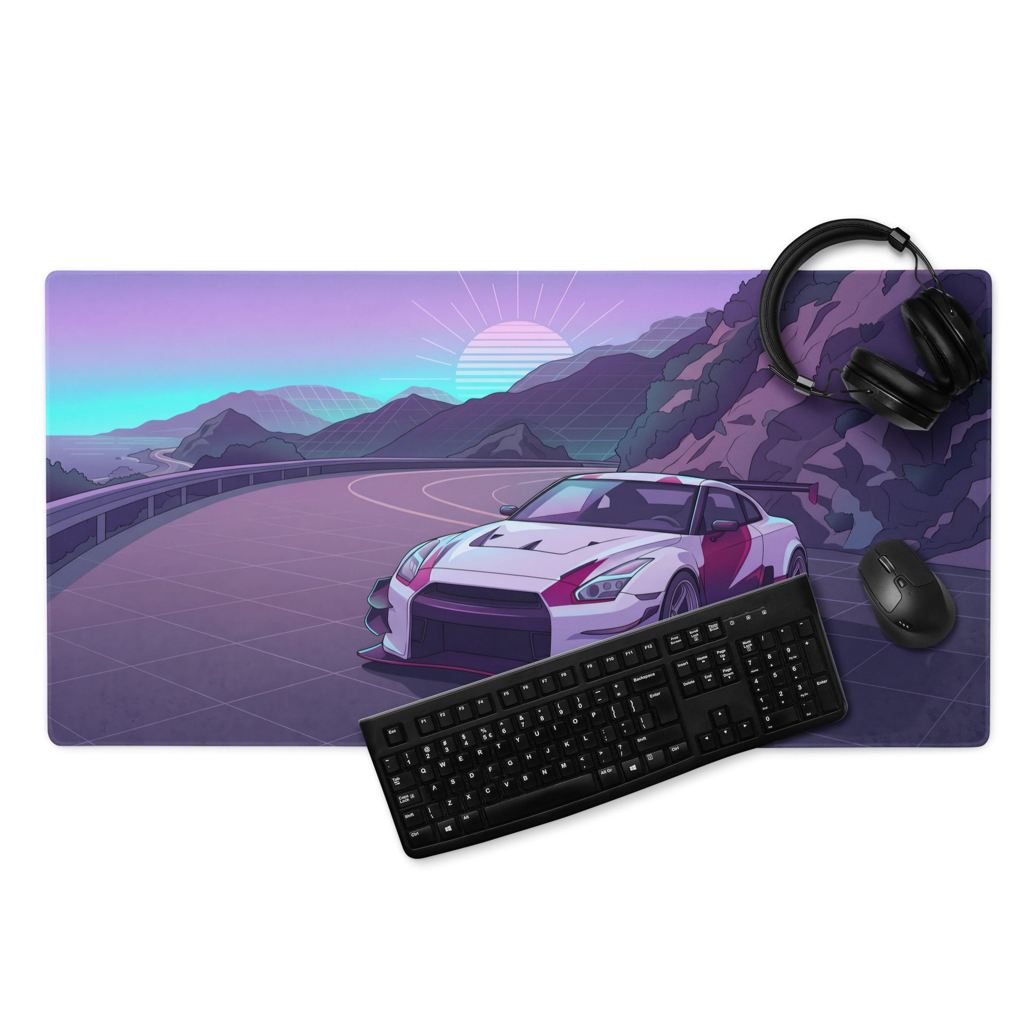 Nissan GT-R R35 Inspired Silver Purple Vaporwave Gaming Mouse Pad – Neon Mountain Road Desk Mat, Retro Futuristic JDM Supercar Digital Artwork