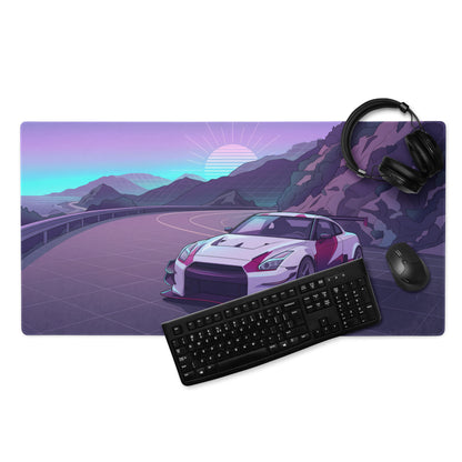 Nissan GT-R R35 Inspired Silver Purple Vaporwave Gaming Mouse Pad – Neon Mountain Road Desk Mat, Retro Futuristic JDM Supercar Digital Artwork