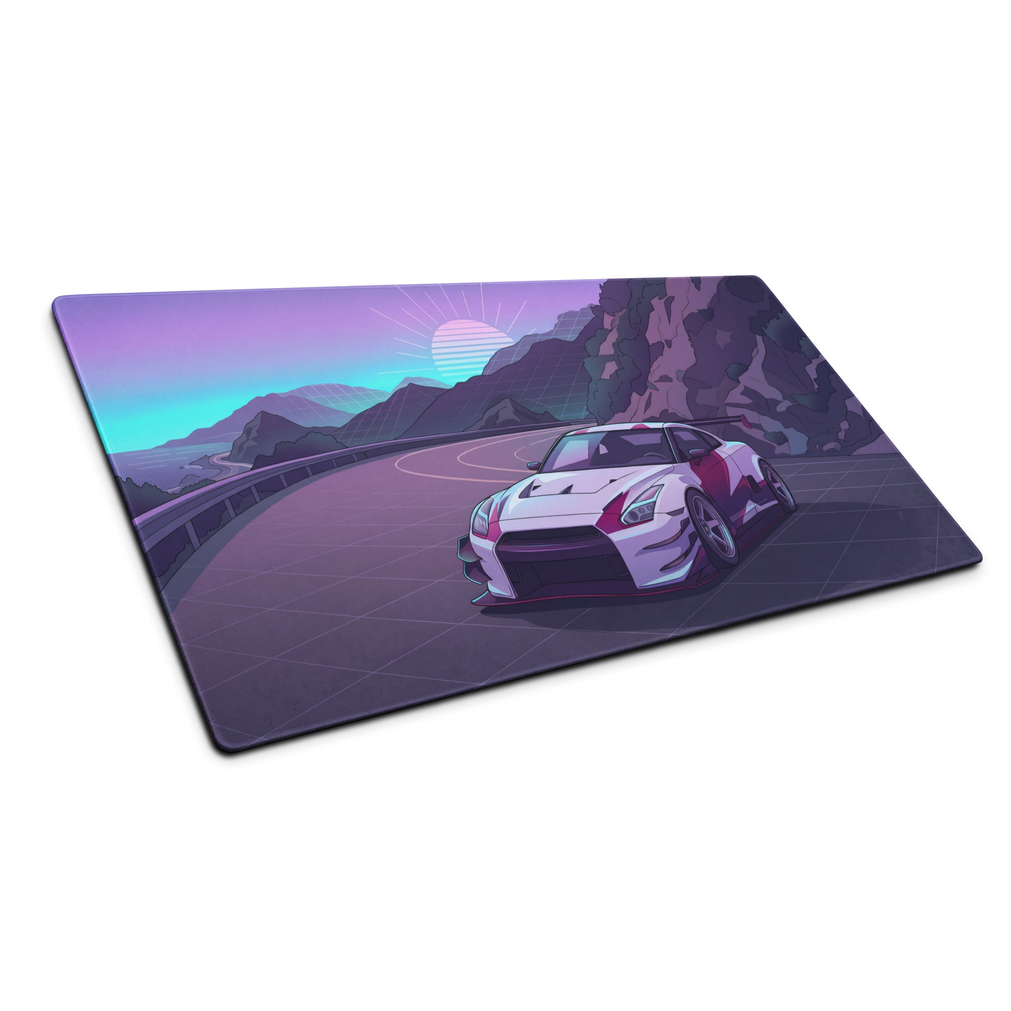 Nissan GT-R R35 Inspired Silver Purple Vaporwave Gaming Mouse Pad – Neon Mountain Road Desk Mat, Retro Futuristic JDM Supercar Digital Artwork