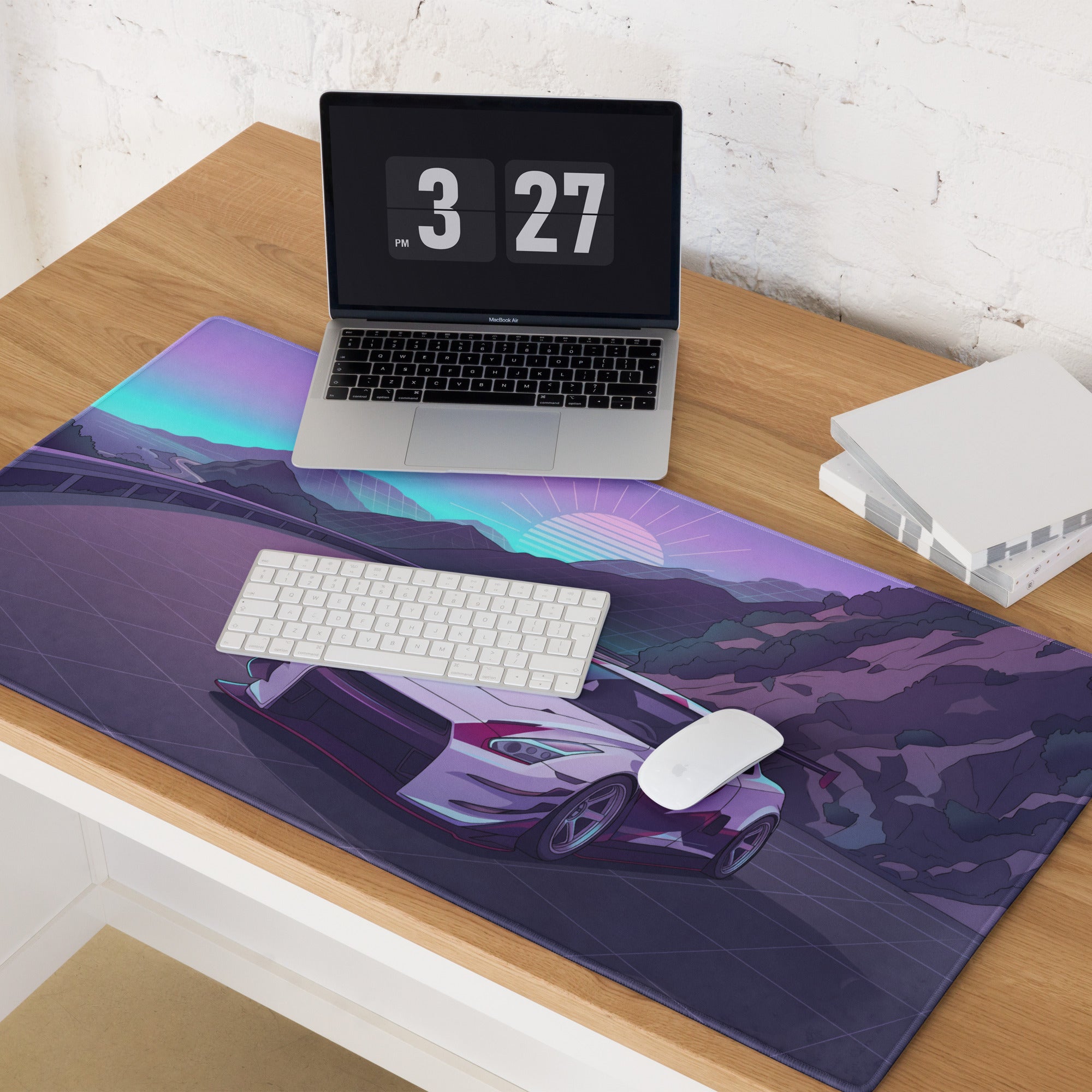 Nissan GT-R R35 Inspired Silver Purple Vaporwave Gaming Mouse Pad – Neon Mountain Road Desk Mat, Retro Futuristic JDM Supercar Digital Artwork