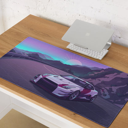 Nissan GT-R R35 Inspired Silver Purple Vaporwave Gaming Mouse Pad – Neon Mountain Road Desk Mat, Retro Futuristic JDM Supercar Digital Artwork