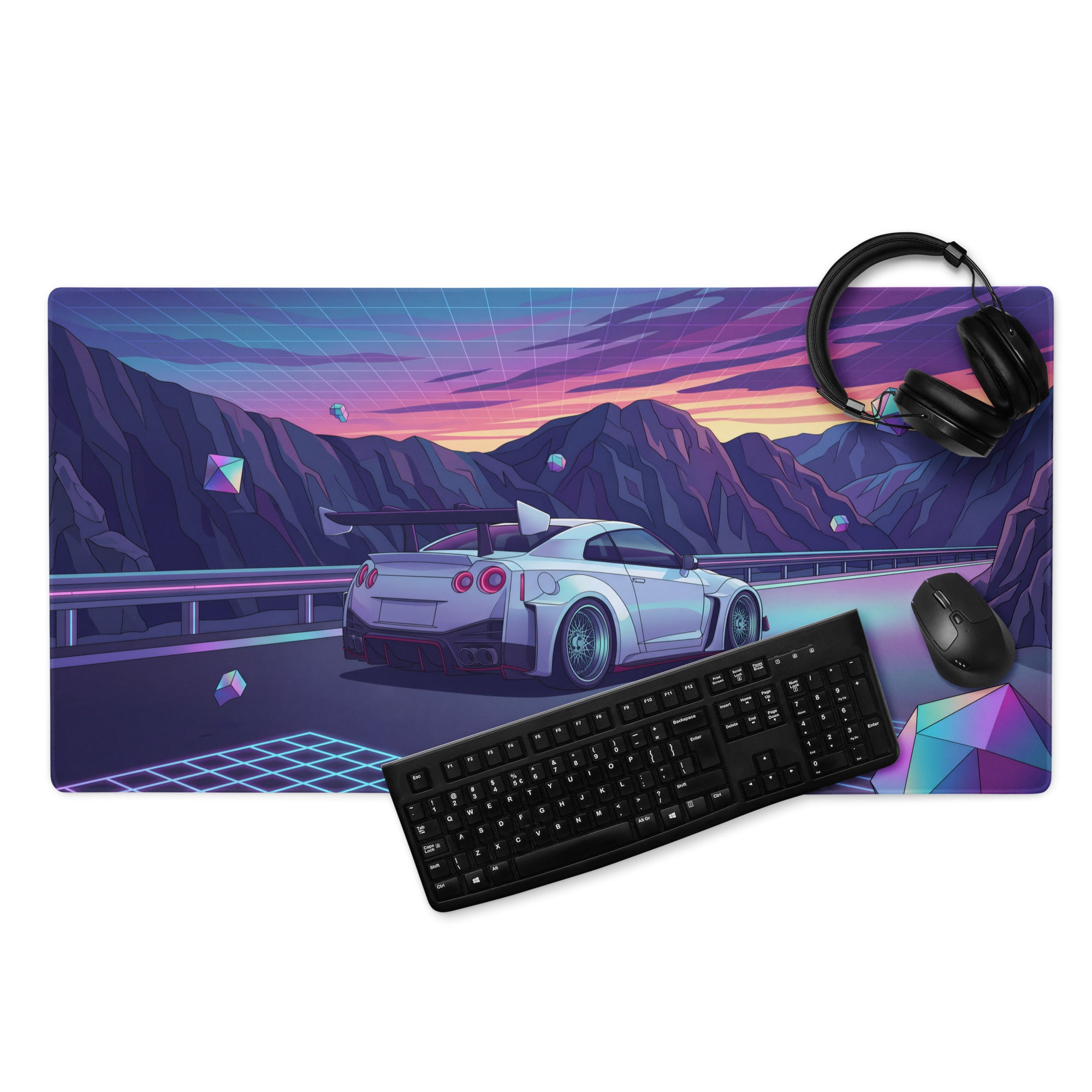 Nissan GT-R R35 Inspired Silver Purple Vaporwave Gaming Mouse Pad – Neon Mountain Road Desk Mat, Retro Futuristic JDM Supercar Digital Artwork