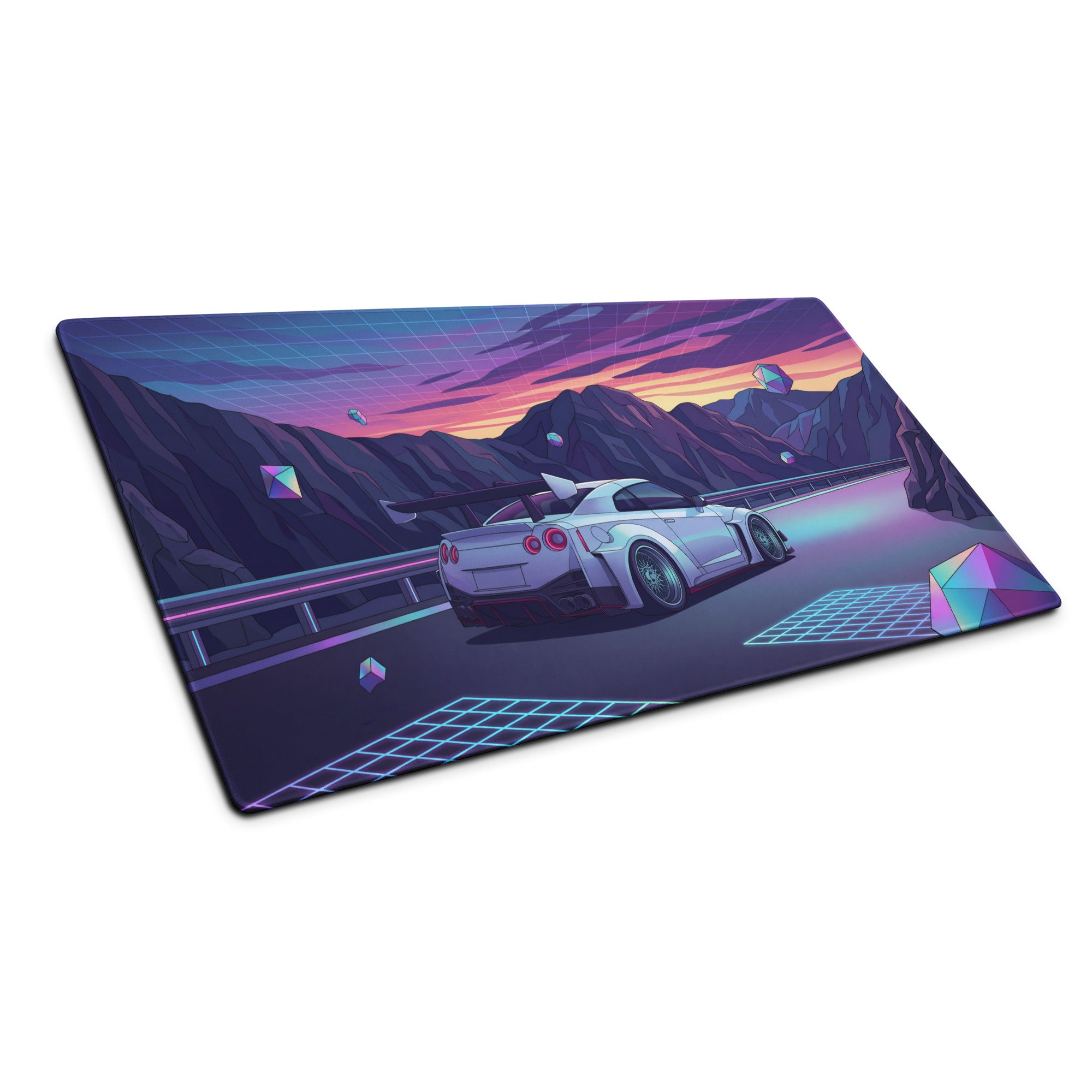Nissan GT-R R35 Inspired Silver Purple Vaporwave Gaming Mouse Pad – Neon Mountain Road Desk Mat, Retro Futuristic JDM Supercar Digital Artwork