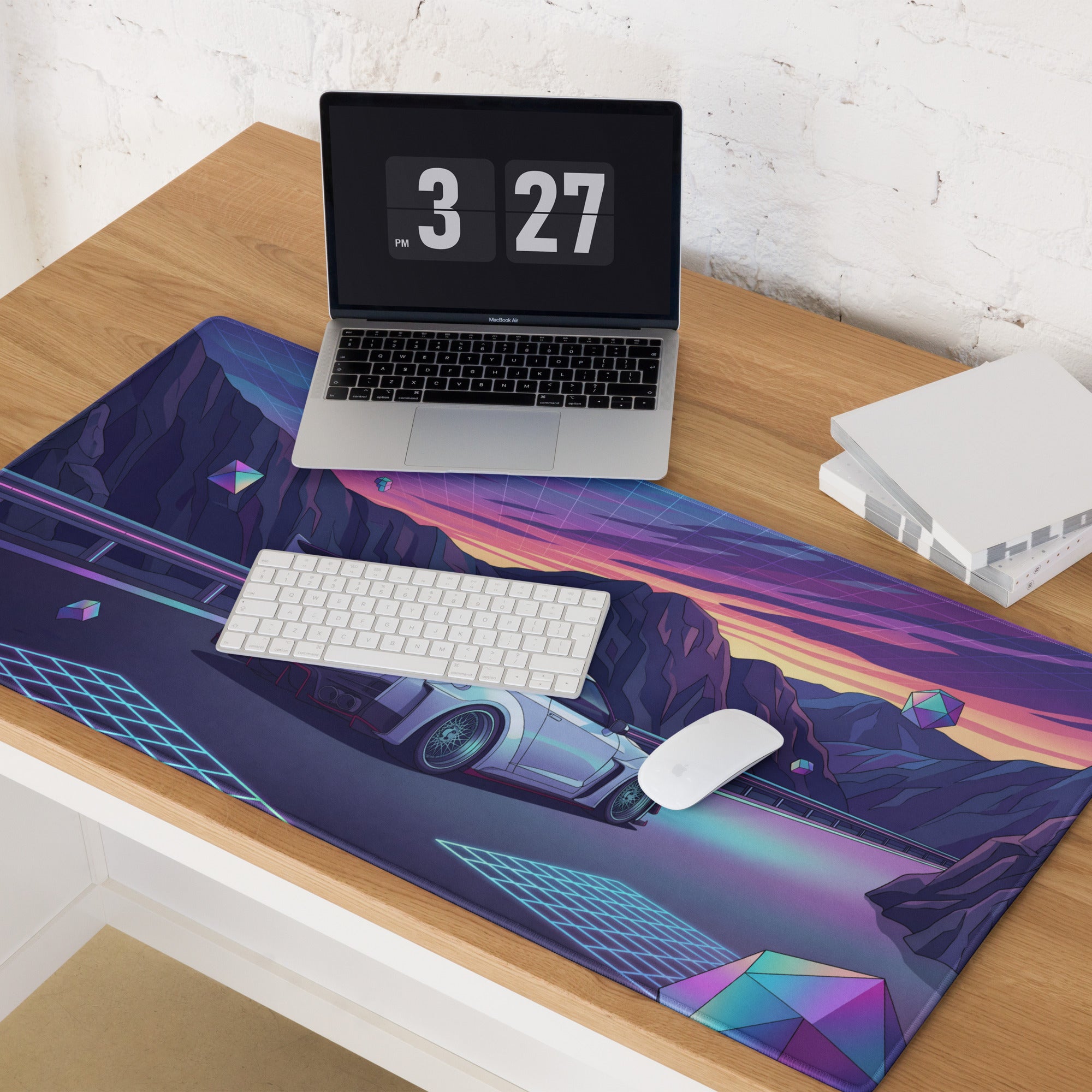 Nissan GT-R R35 Inspired Silver Purple Vaporwave Gaming Mouse Pad – Neon Mountain Road Desk Mat, Retro Futuristic JDM Supercar Digital Artwork