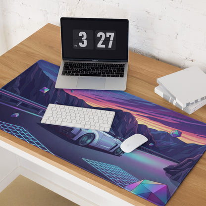 Nissan GT-R R35 Inspired Silver Purple Vaporwave Gaming Mouse Pad – Neon Mountain Road Desk Mat, Retro Futuristic JDM Supercar Digital Artwork