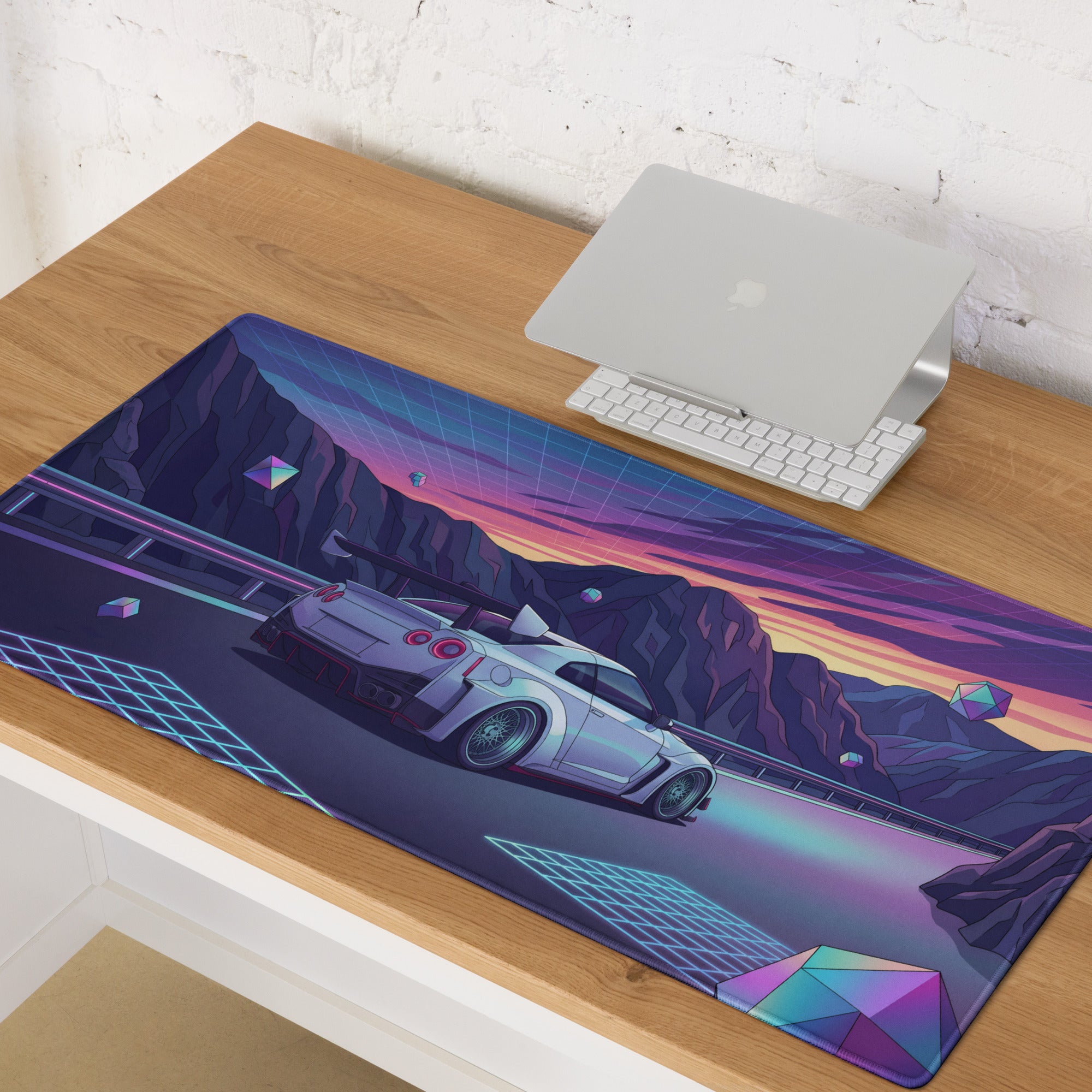 Nissan GT-R R35 Inspired Silver Purple Vaporwave Gaming Mouse Pad – Neon Mountain Road Desk Mat, Retro Futuristic JDM Supercar Digital Artwork