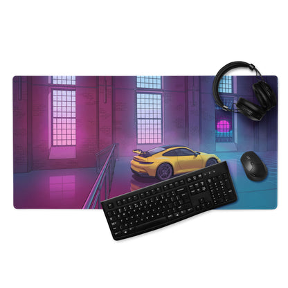 Porsche 911 GT3 Inspired Yellow Pink Vaporwave Gaming Mouse Pad – Neon Industrial Loft Desk Mat, Retro Futuristic Supercar Digital Artwork