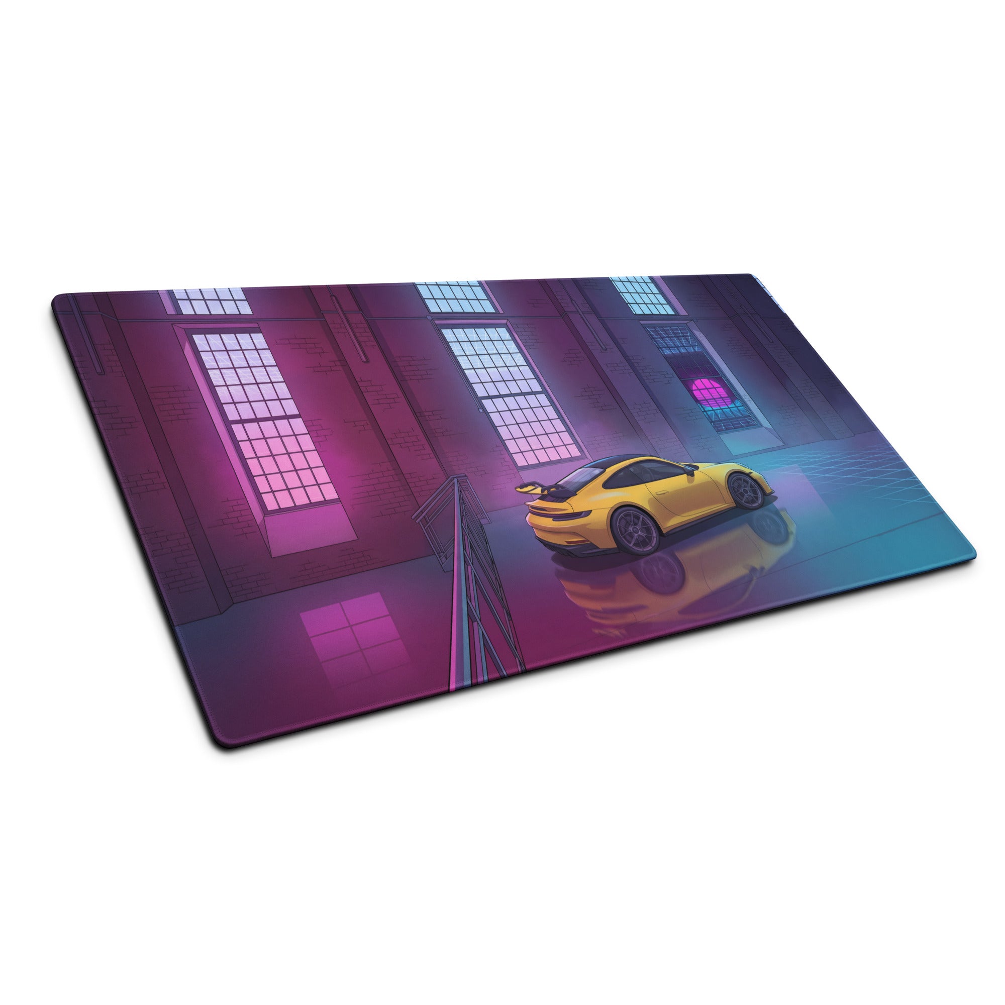 Porsche 911 GT3 Inspired Yellow Pink Vaporwave Gaming Mouse Pad – Neon Industrial Loft Desk Mat, Retro Futuristic Supercar Digital Artwork