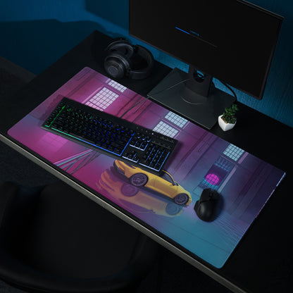 Porsche 911 GT3 Inspired Yellow Pink Vaporwave Gaming Mouse Pad – Neon Industrial Loft Desk Mat, Retro Futuristic Supercar Digital Artwork