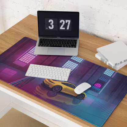 Porsche 911 GT3 Inspired Yellow Pink Vaporwave Gaming Mouse Pad – Neon Industrial Loft Desk Mat, Retro Futuristic Supercar Digital Artwork