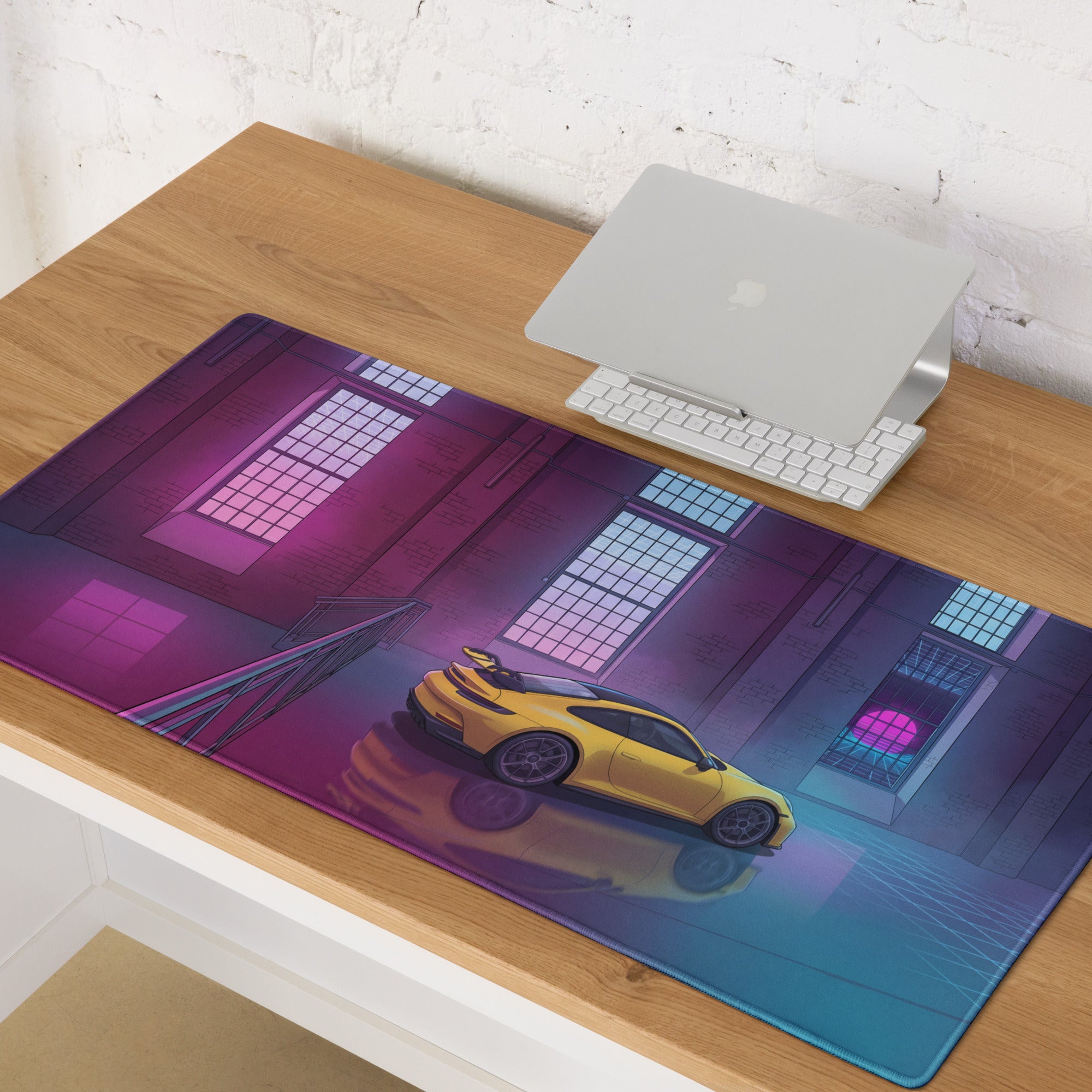 Porsche 911 GT3 Inspired Yellow Pink Vaporwave Gaming Mouse Pad – Neon Industrial Loft Desk Mat, Retro Futuristic Supercar Digital Artwork