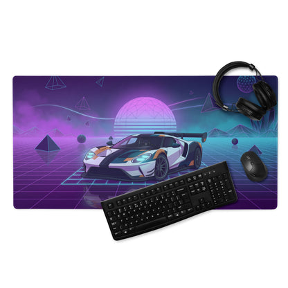 Ford GT Inspired White Orange Vaporwave Gaming Mouse Pad – Neon Cyber Grid Desk Mat, Retro Futuristic American Supercar Digital Artwork