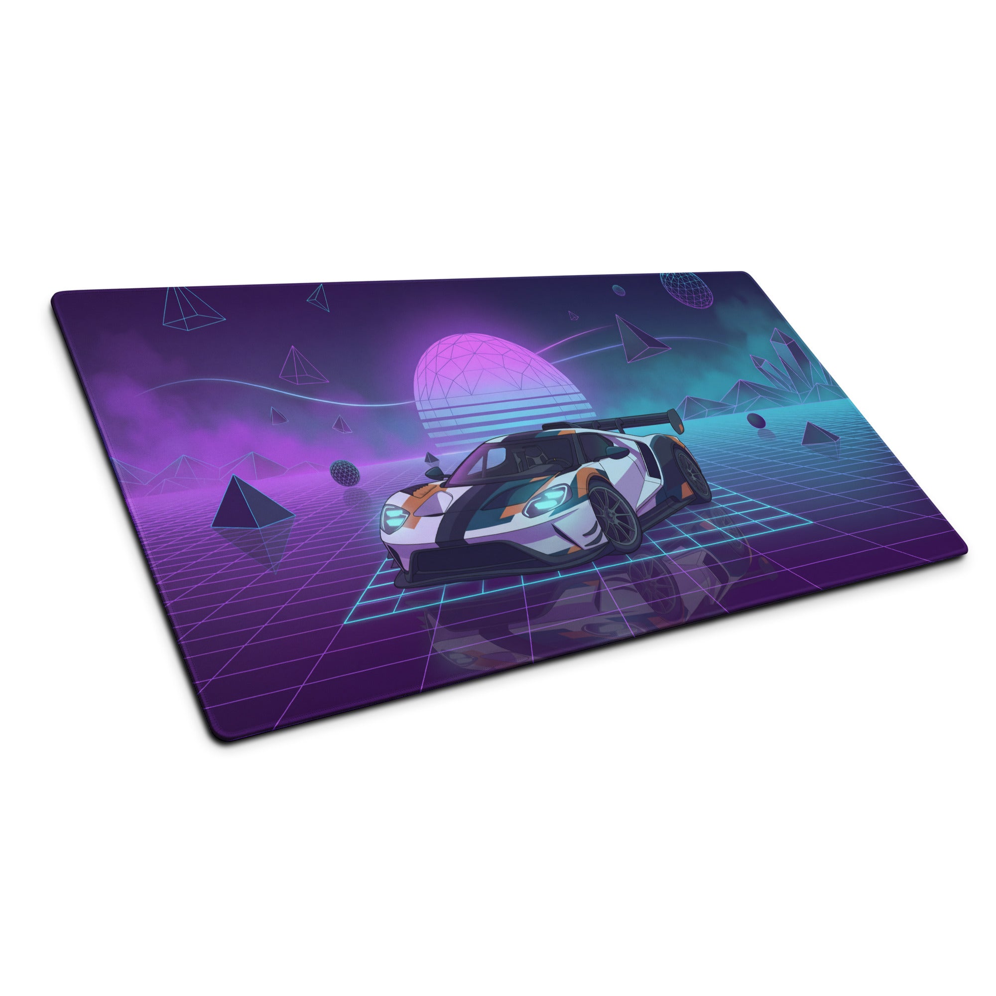 Ford GT Inspired White Orange Vaporwave Gaming Mouse Pad – Neon Cyber Grid Desk Mat, Retro Futuristic American Supercar Digital Artwork
