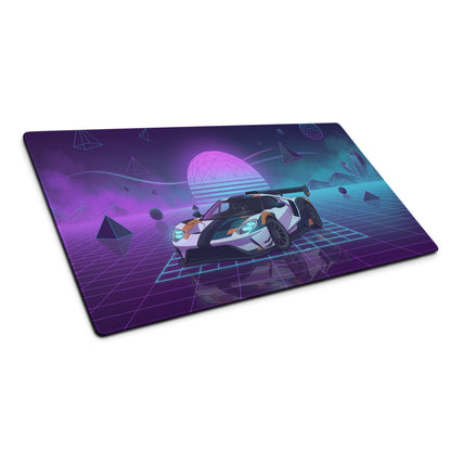 Ford GT Inspired White Orange Vaporwave Gaming Mouse Pad – Neon Cyber Grid Desk Mat, Retro Futuristic American Supercar Digital Artwork