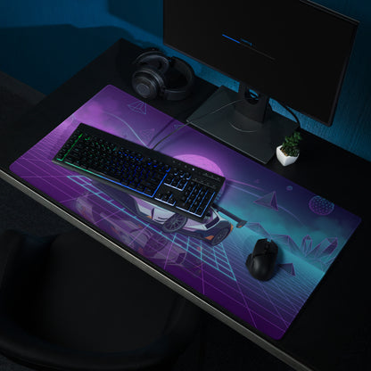 Ford GT Inspired White Orange Vaporwave Gaming Mouse Pad – Neon Cyber Grid Desk Mat, Retro Futuristic American Supercar Digital Artwork