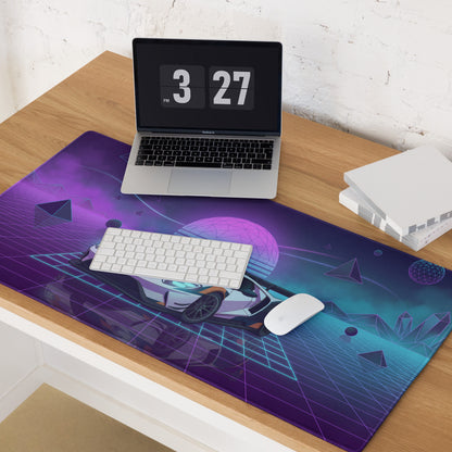 Ford GT Inspired White Orange Vaporwave Gaming Mouse Pad – Neon Cyber Grid Desk Mat, Retro Futuristic American Supercar Digital Artwork