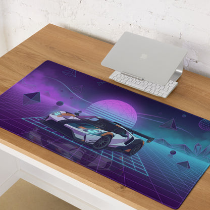 Ford GT Inspired White Orange Vaporwave Gaming Mouse Pad – Neon Cyber Grid Desk Mat, Retro Futuristic American Supercar Digital Artwork