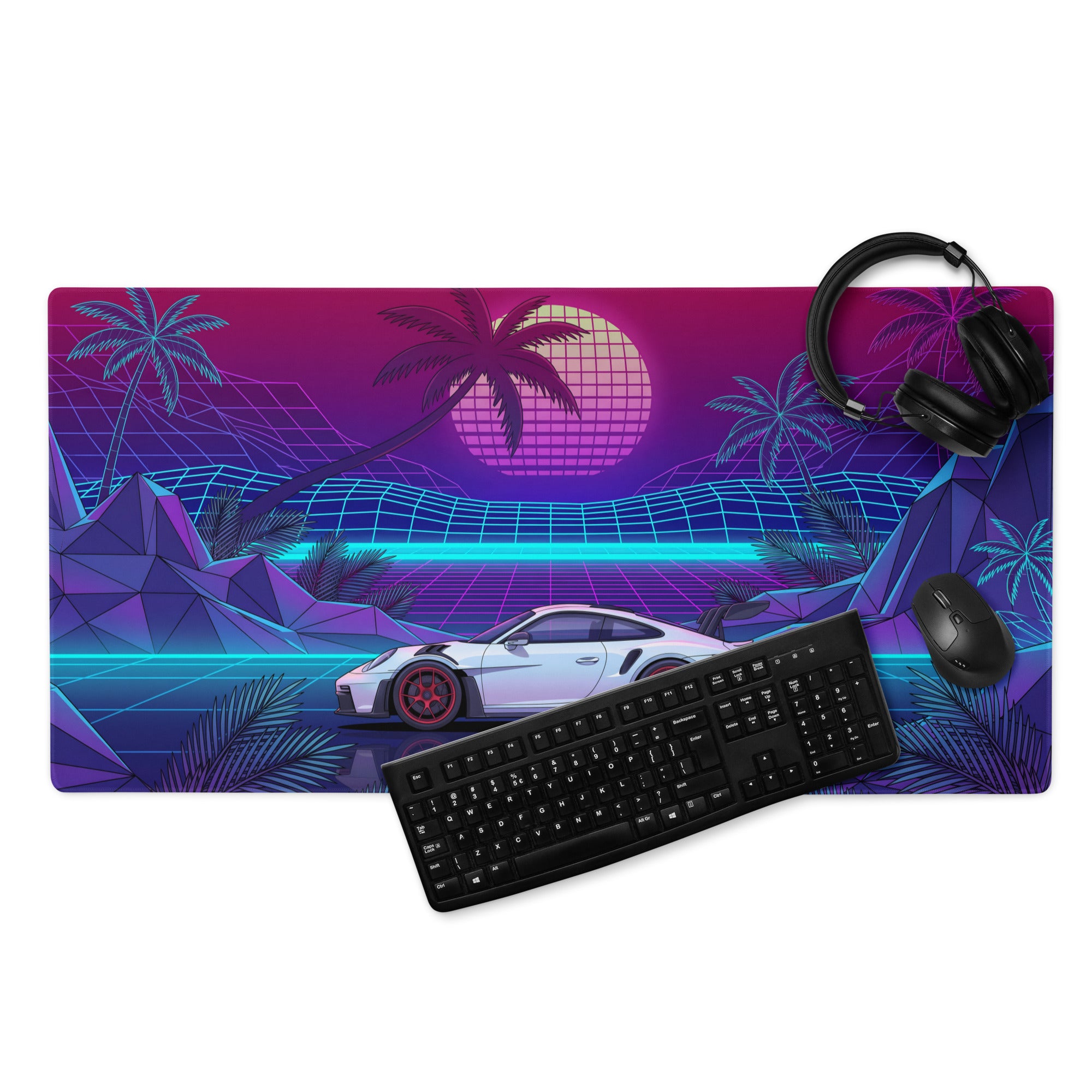 Porsche 911 GT3 RS Inspired White Pink Vaporwave Gaming Mouse Pad – Neon Tropical Grid Desk Mat, Retro Futuristic Supercar Digital Artwork