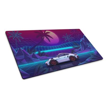 Porsche 911 GT3 RS Inspired White Pink Vaporwave Gaming Mouse Pad – Neon Tropical Grid Desk Mat, Retro Futuristic Supercar Digital Artwork