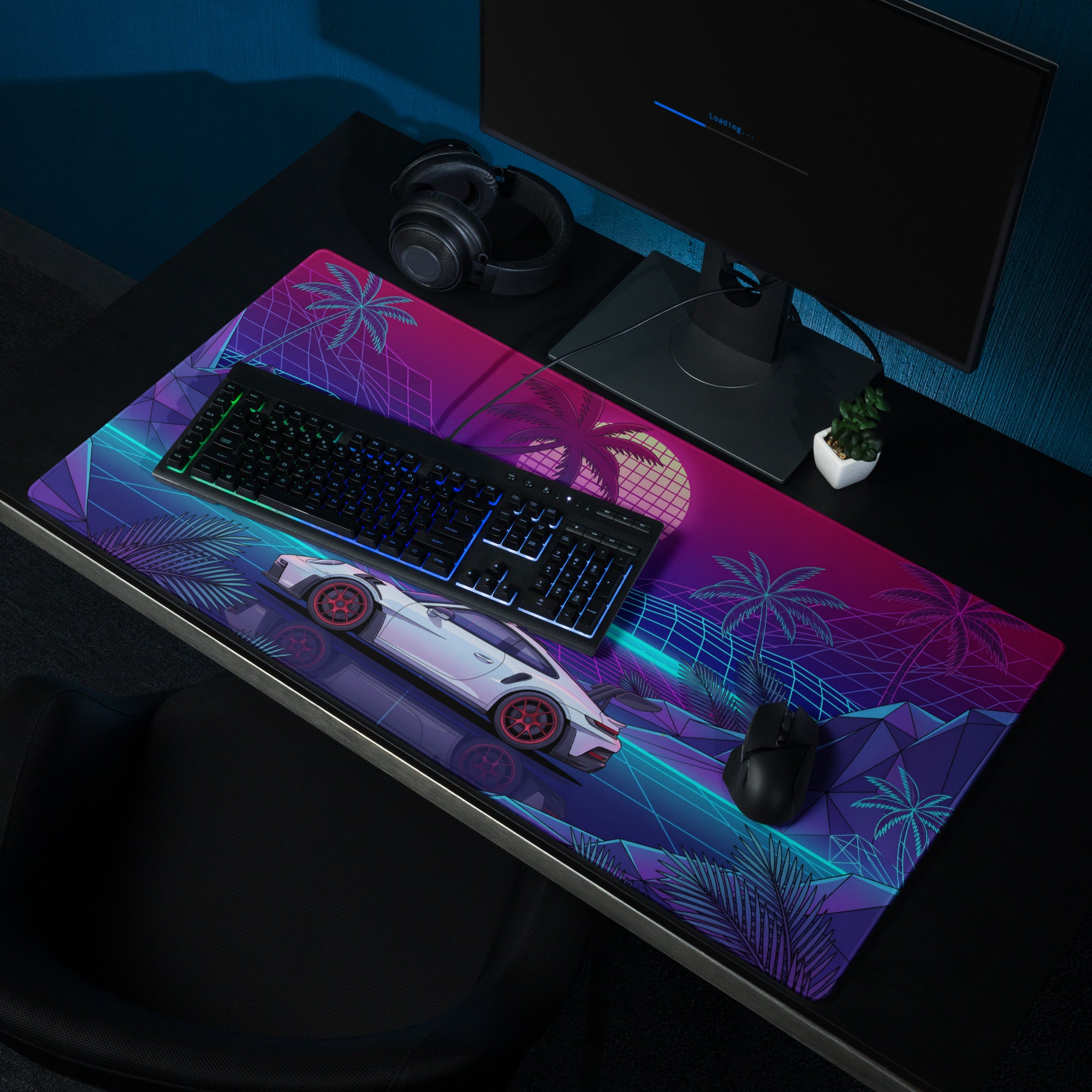 Porsche 911 GT3 RS Inspired White Pink Vaporwave Gaming Mouse Pad – Neon Tropical Grid Desk Mat, Retro Futuristic Supercar Digital Artwork