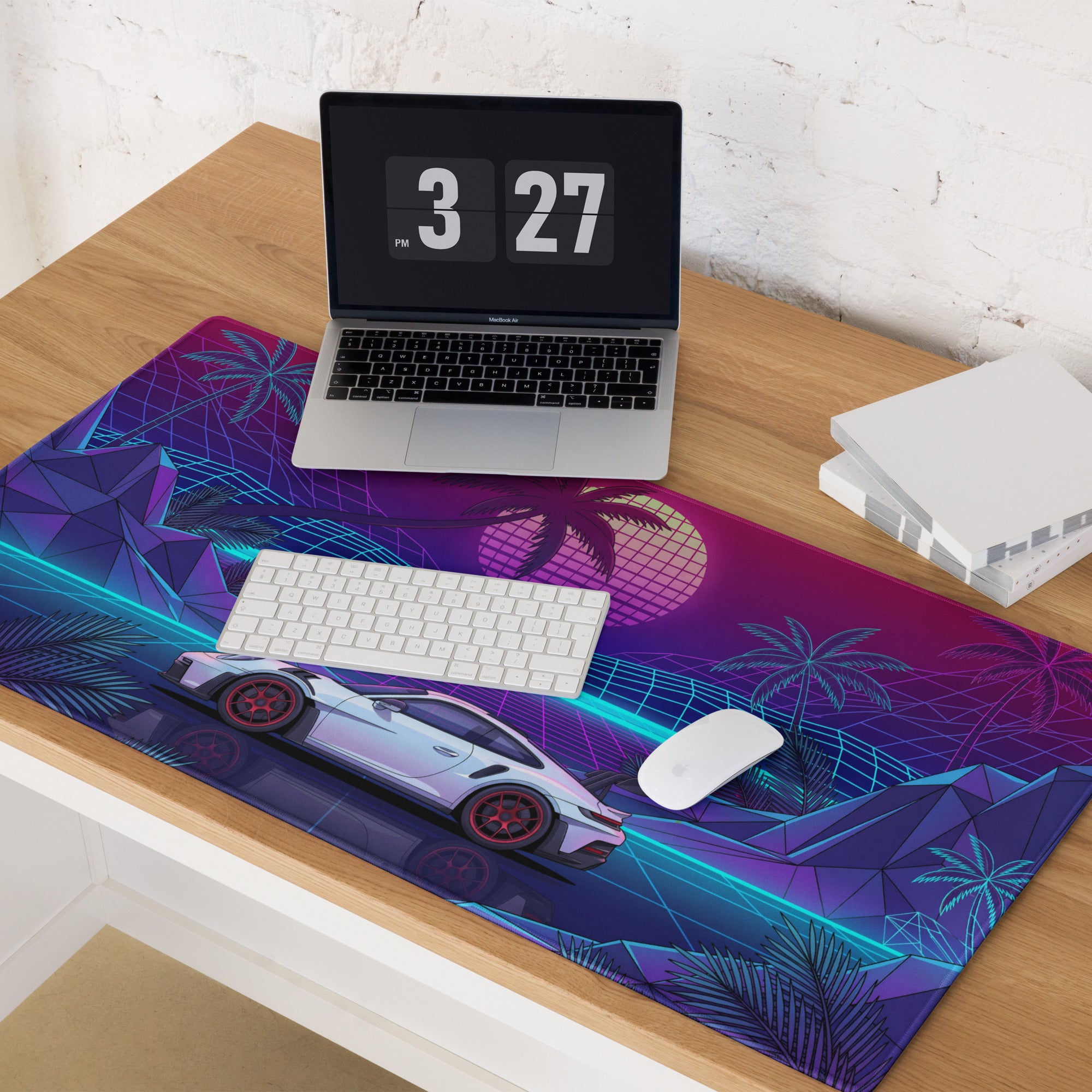 Porsche 911 GT3 RS Inspired White Pink Vaporwave Gaming Mouse Pad – Neon Tropical Grid Desk Mat, Retro Futuristic Supercar Digital Artwork
